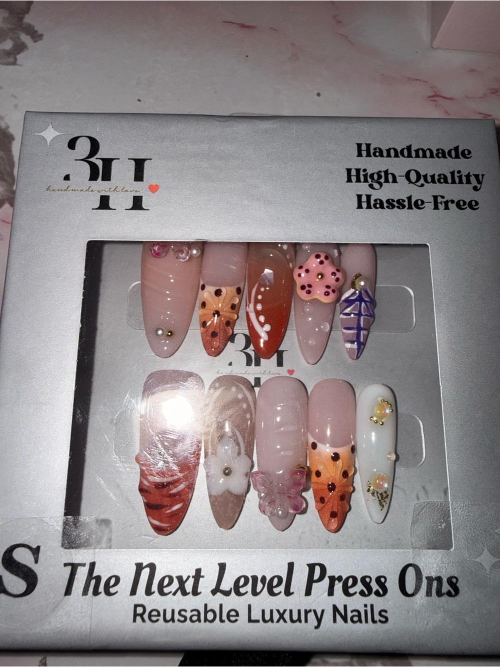 3H Reusable Luxury Press-On Nails - Pink, Orange, White, Purple Accents